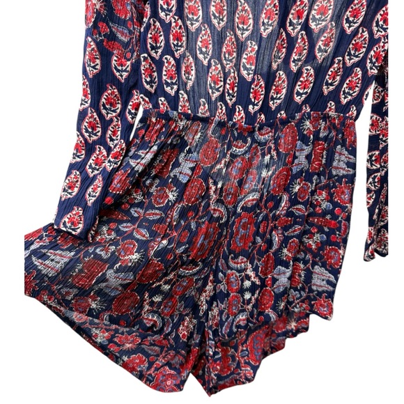 RAGA Inifinite Nights Blue Red Boho Printed Backless Bell Sleeve Romper Size M - Picture 6 of 7